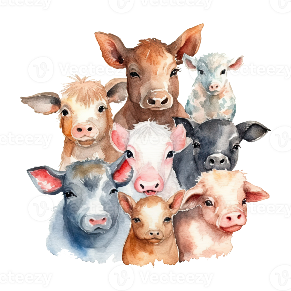 Watercolor farm animals. Cartoon farm animals isolated on transparent background. png