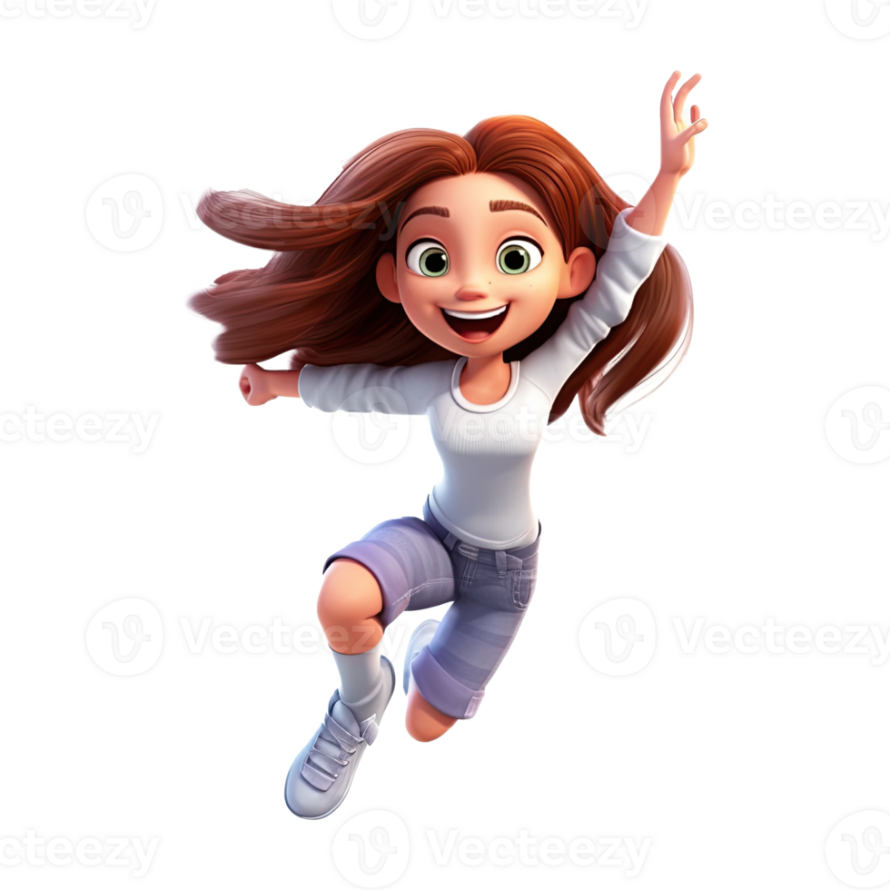 3D happy cartoon girl on transparent background. png