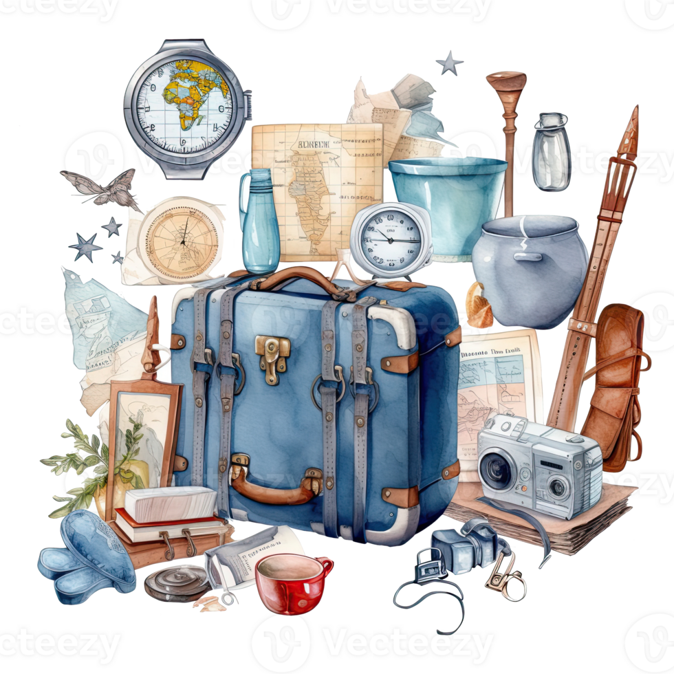 Watercolor travel, tourist objects collection Stock Illustration