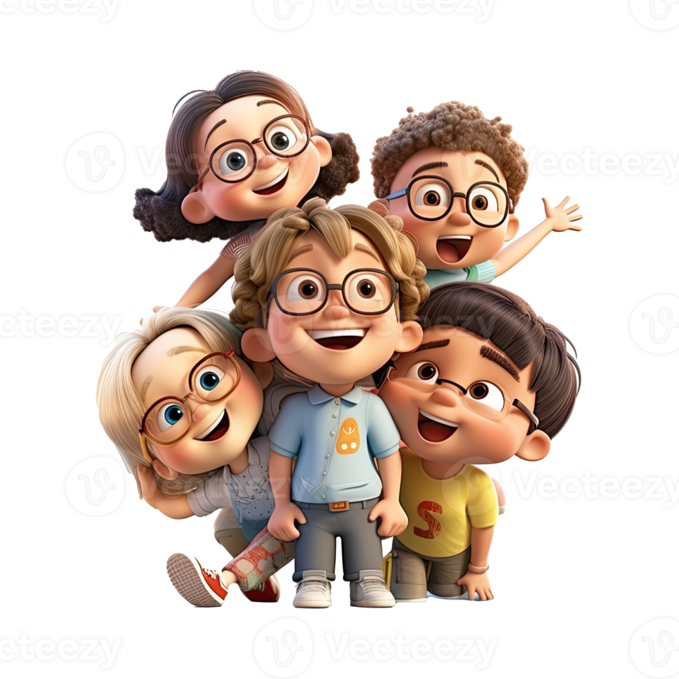 3D cartoon group of little children on transparent background. png