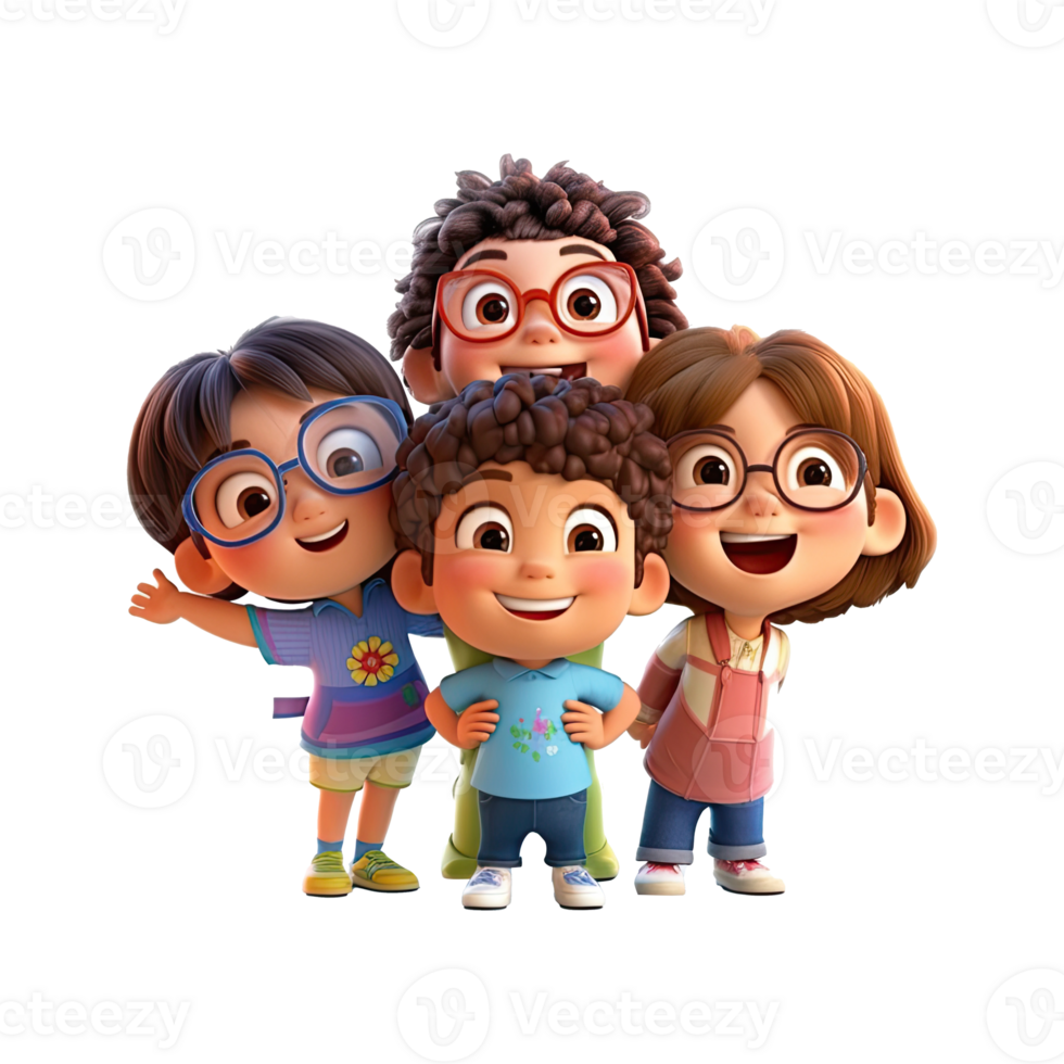3D cartoon group of little children on transparent background. png