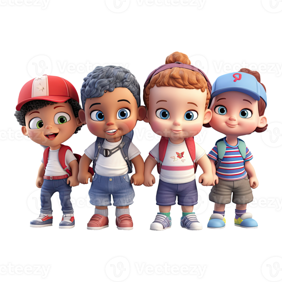 3D cartoon group of little children on transparent background. png