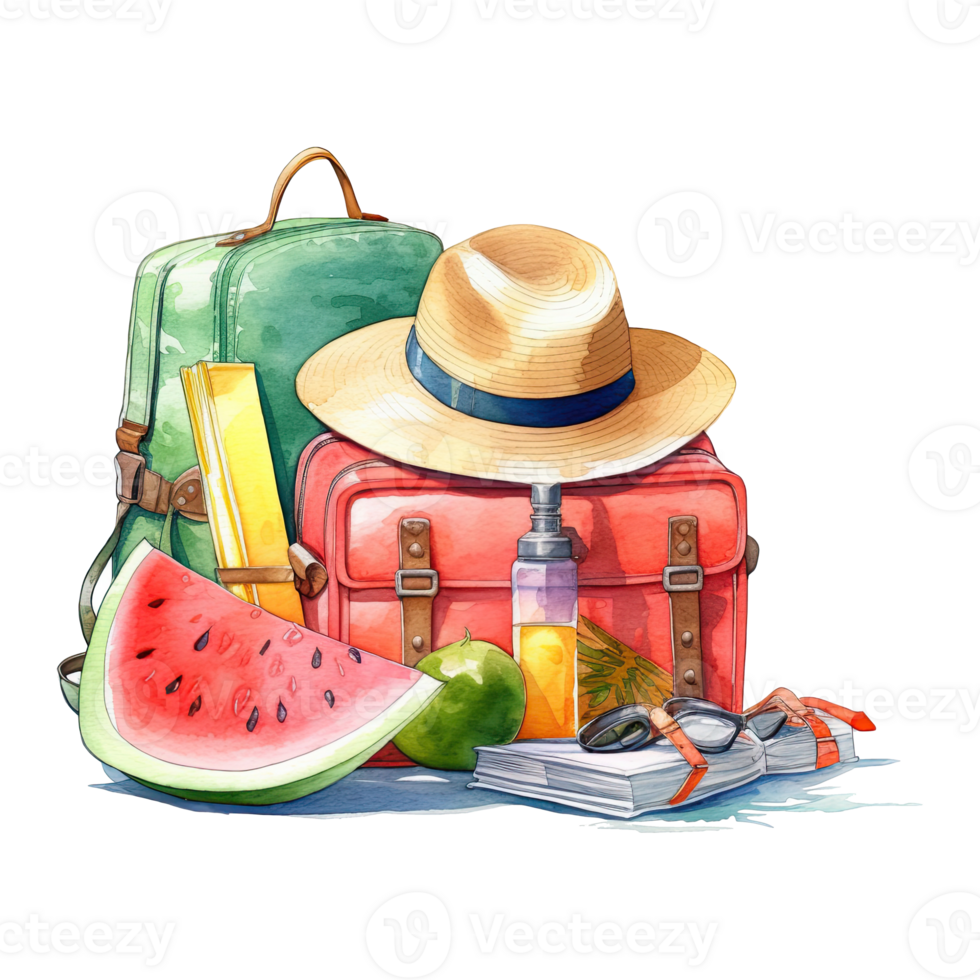 Watercolor summer vacation on transparent background. png