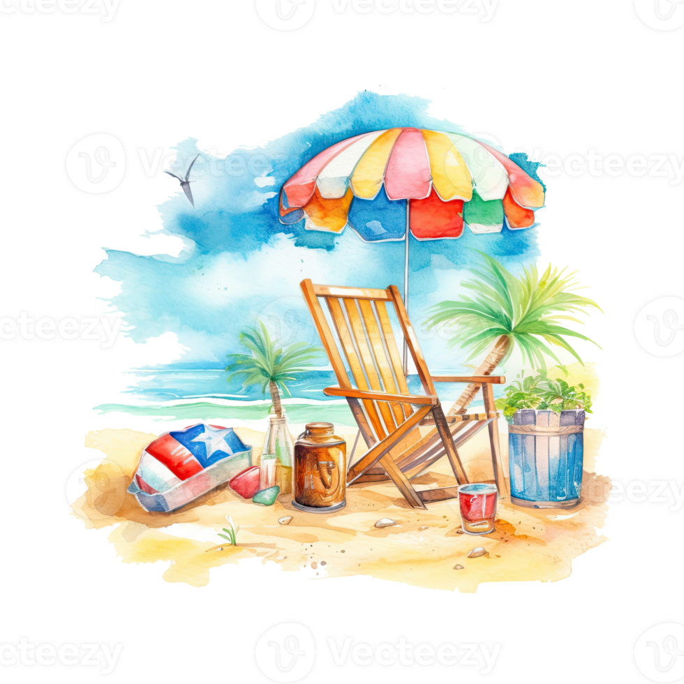 Watercolor summer vacation on transparent background. png