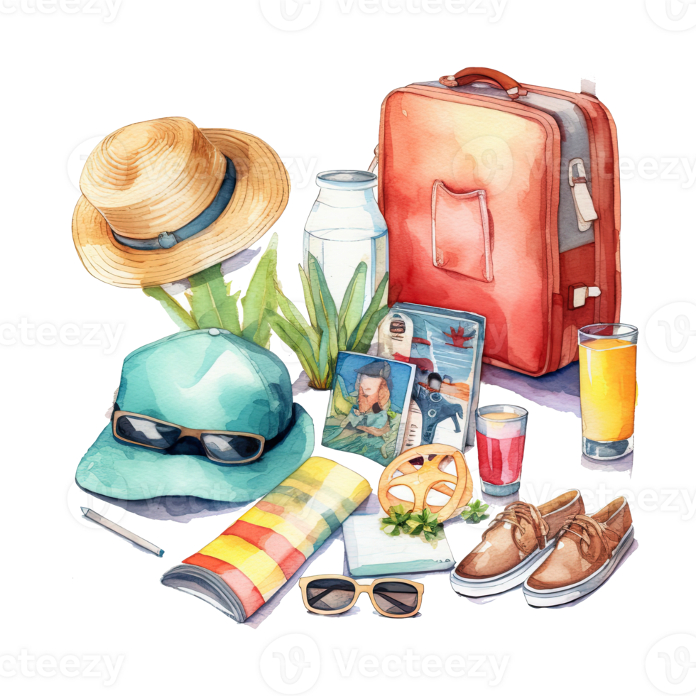 Watercolor summer vacation on transparent background. png