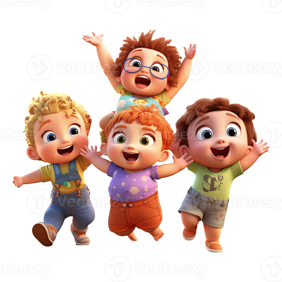 3D cartoon group of little children on transparent background. png