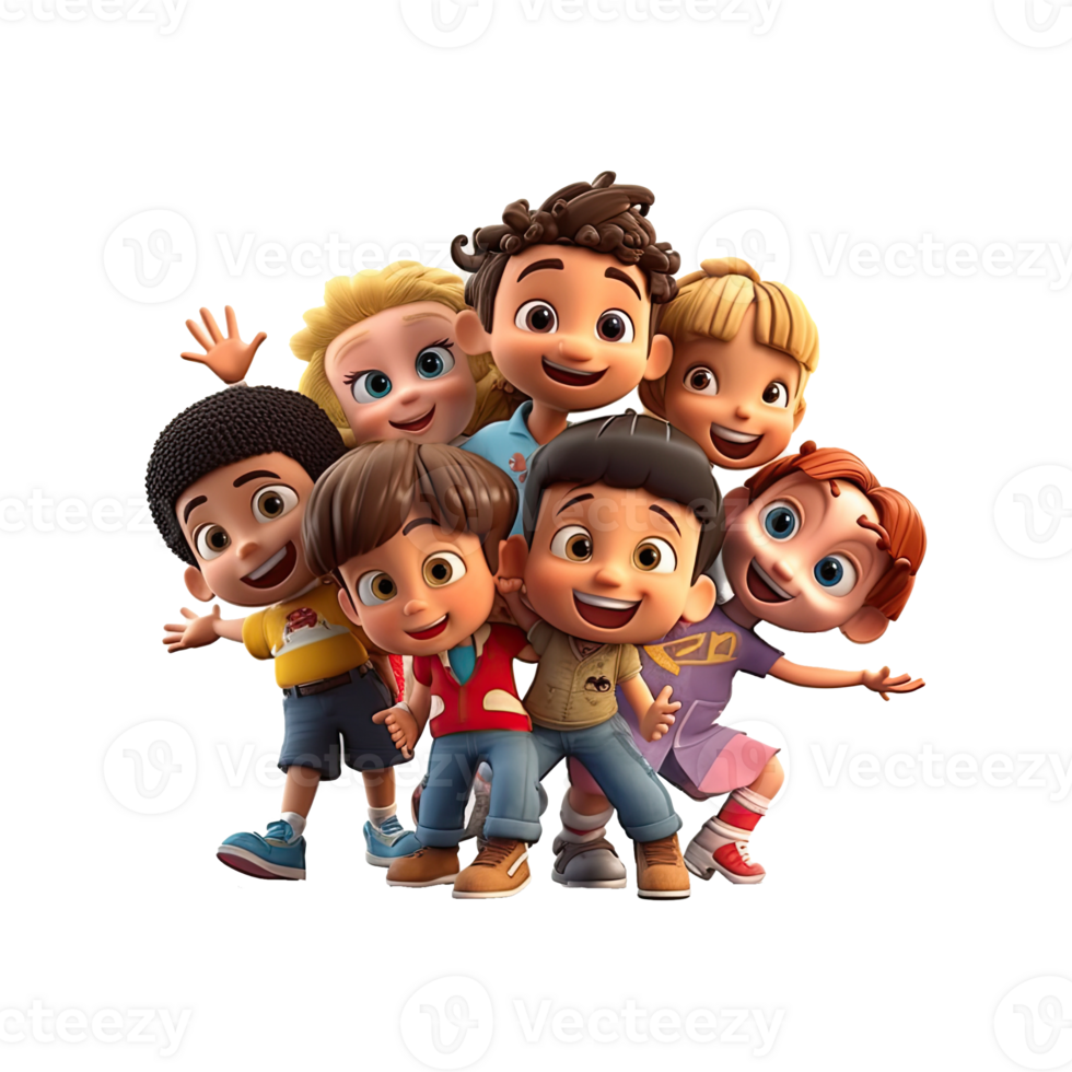 3D cartoon group of little children on transparent background. png