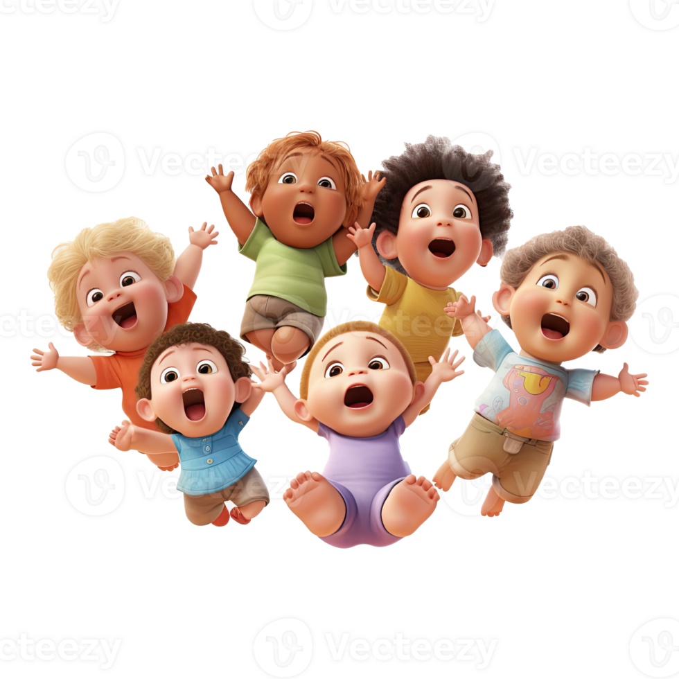 3D cartoon group of little children on transparent background. png