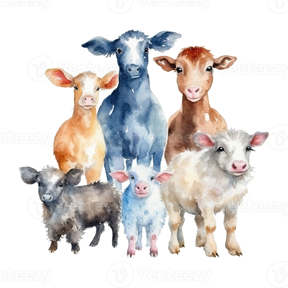 Watercolor farm animals. Cartoon farm animals isolated on transparent background. png