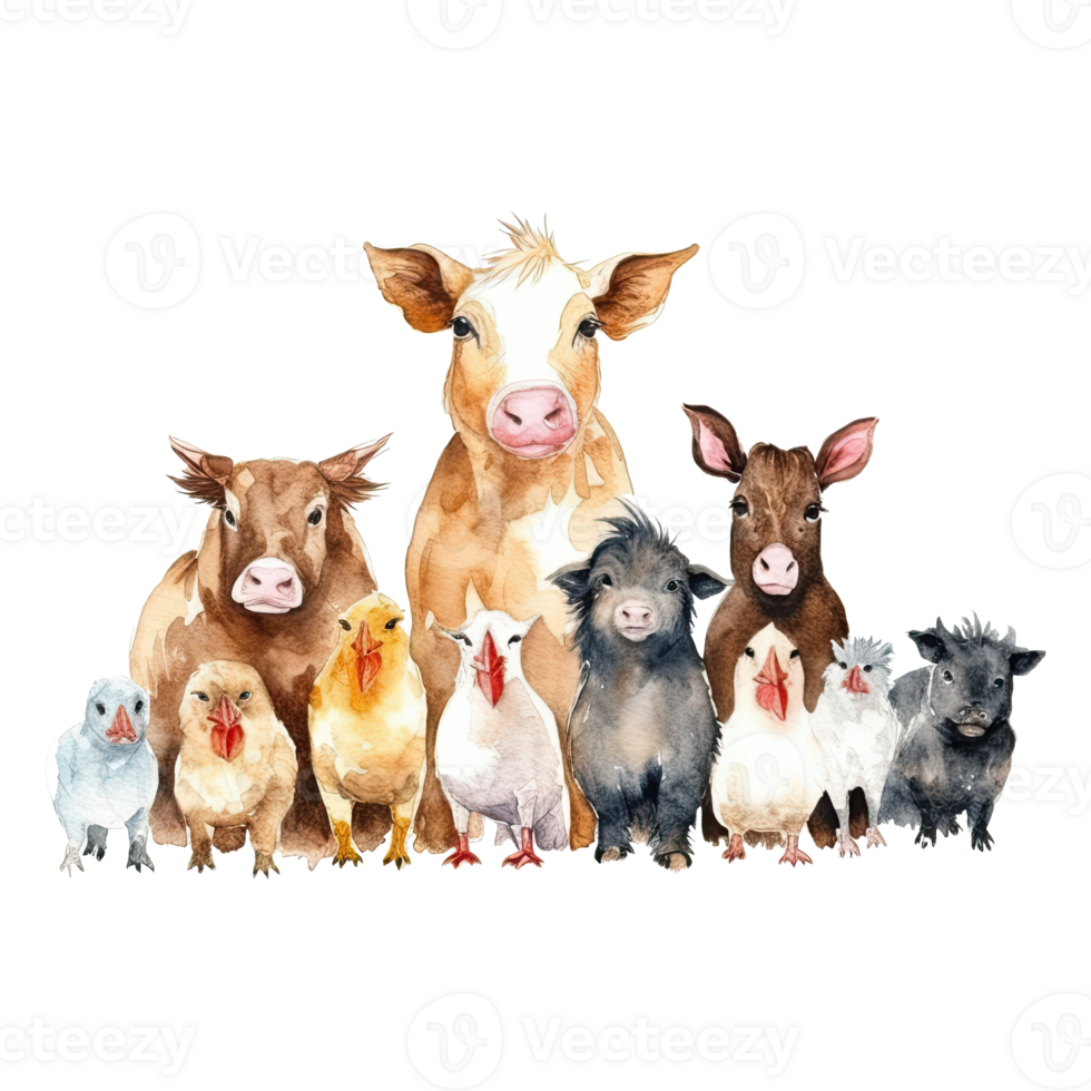 Watercolor farm animals. Cartoon farm animals isolated on transparent background. png