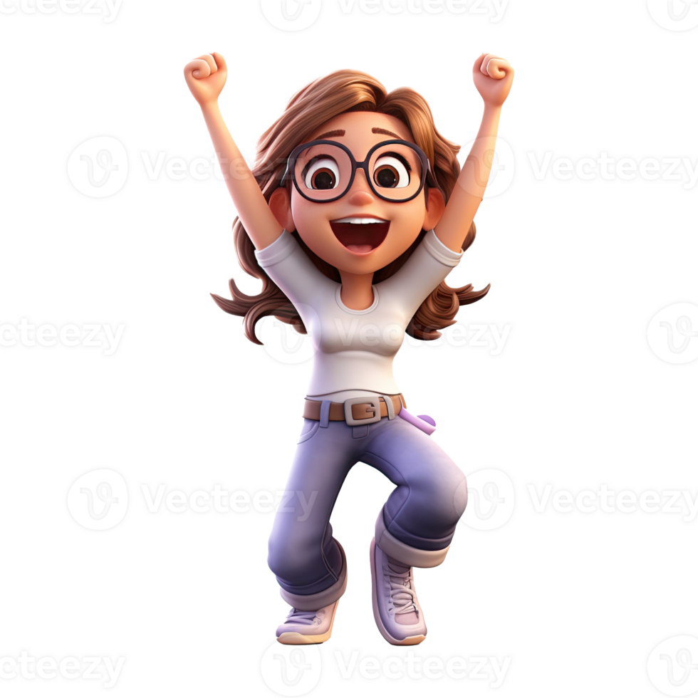 3D happy cartoon girl on transparent background. png