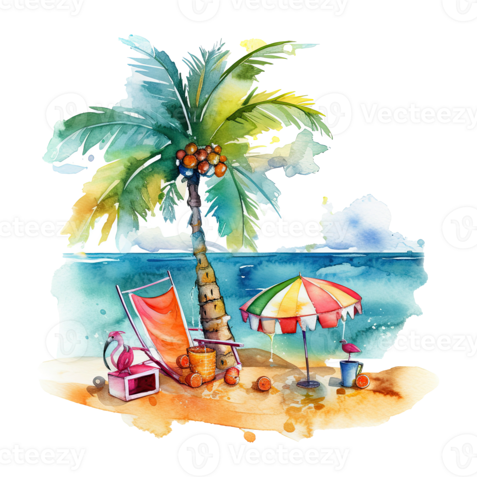 Watercolor summer vacation on transparent background. png