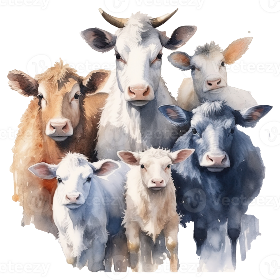 Watercolor farm animals. Cartoon farm animals isolated on transparent background. png