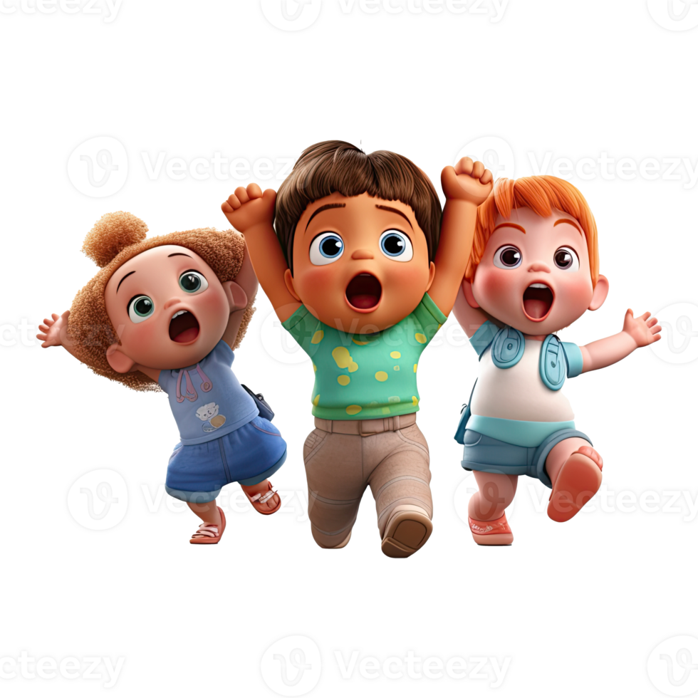 3D cartoon group of little children on transparent background. png