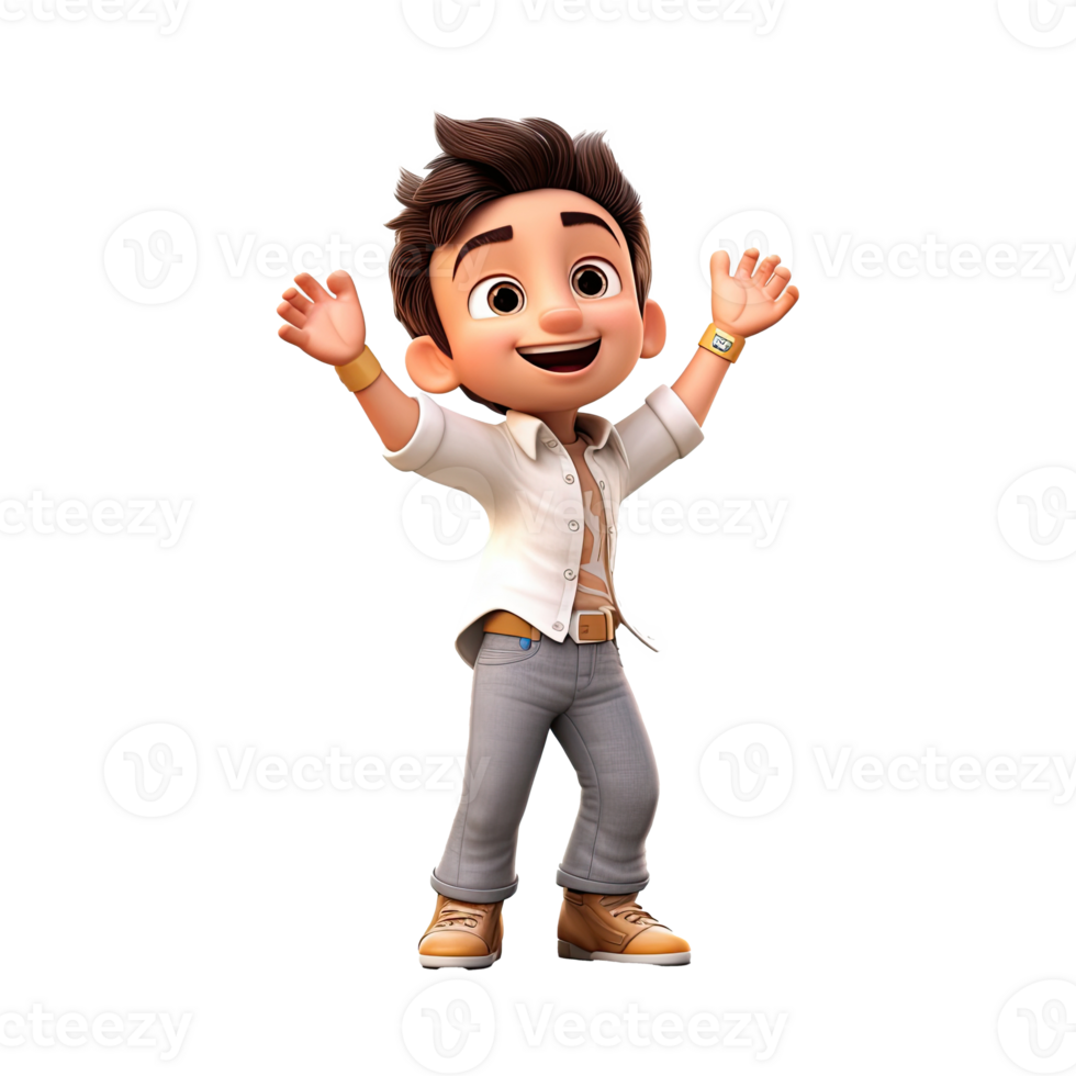 3D happy cartoon boy on transparent background. png