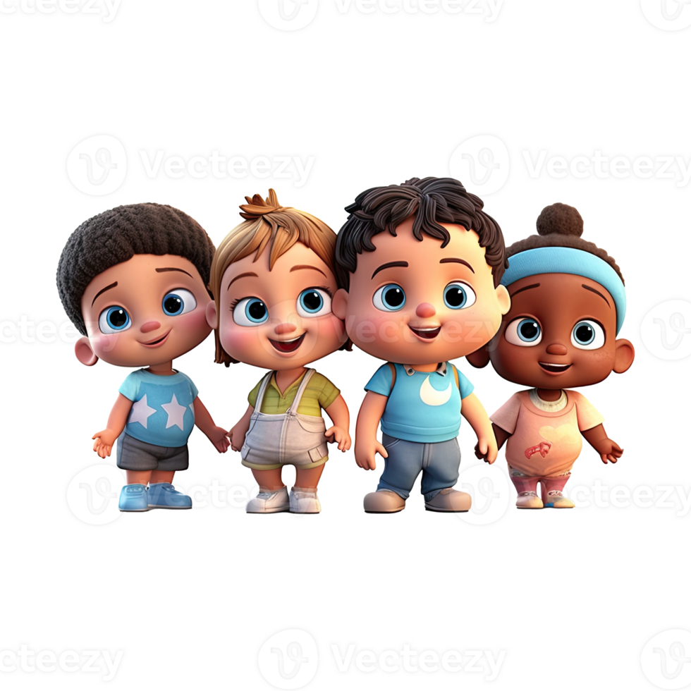 3D cartoon group of little children on transparent background. png