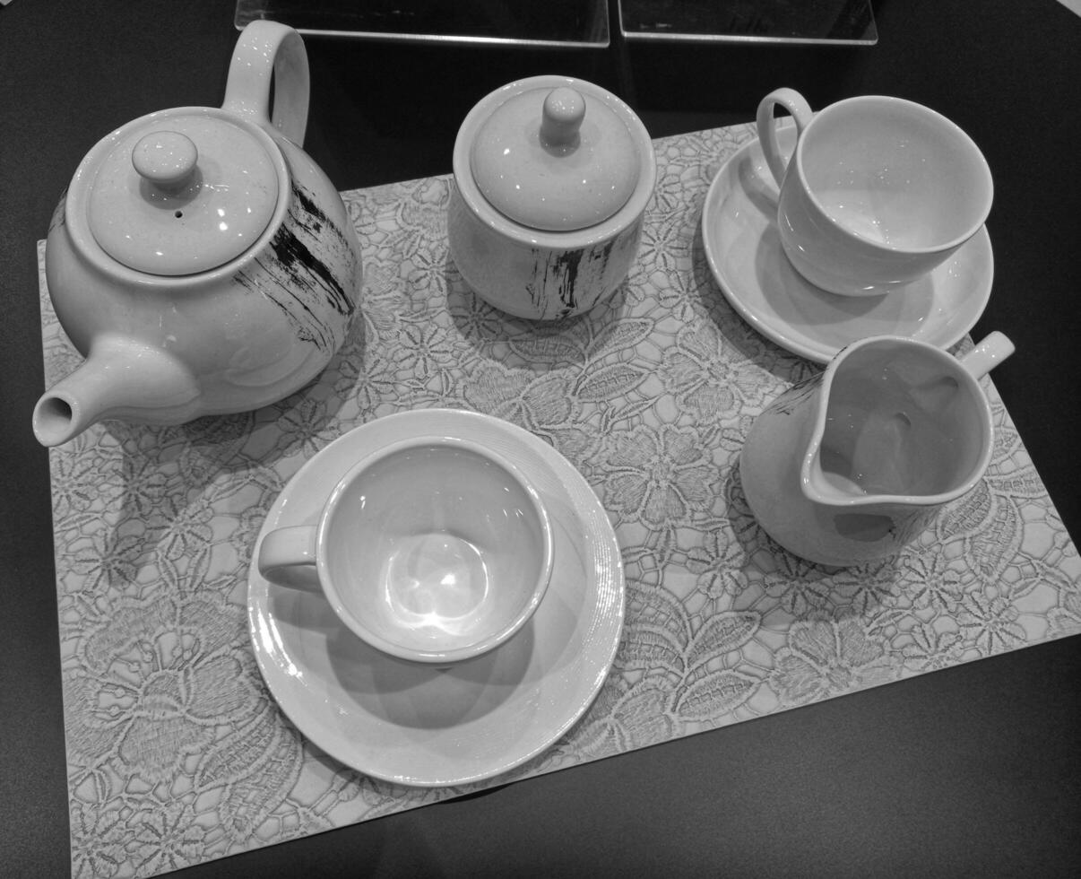 Top view of tea set,porcelain vintage coffee set ,kitchen accessories,crockery photo