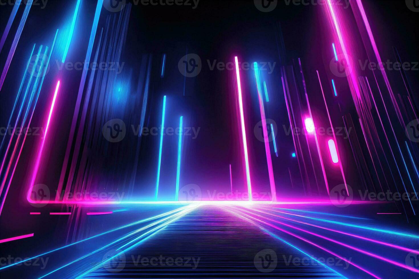 abstract night city with neon lights on dark background, ai generation. photo