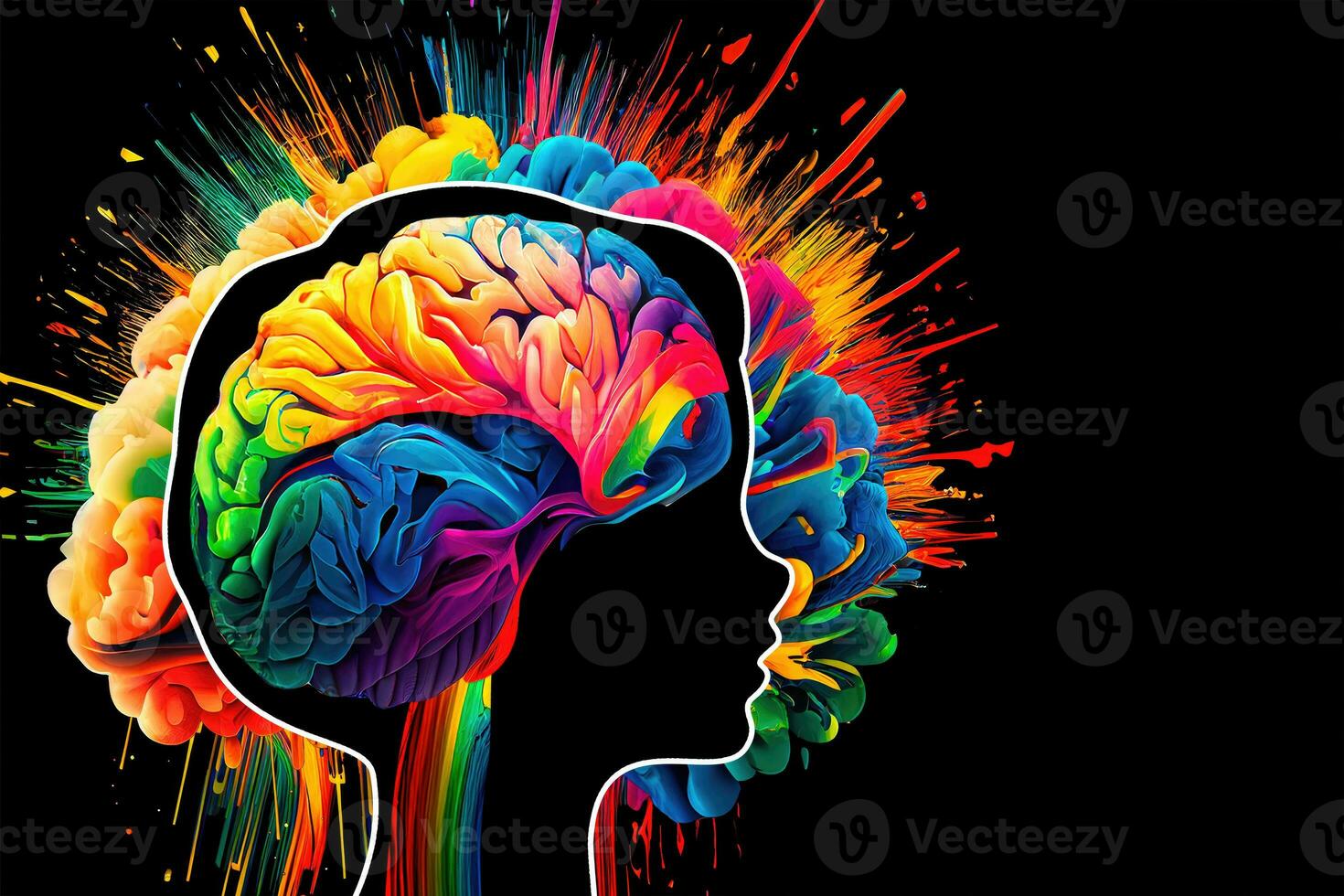 Silhouette of human head brain with colorful paint splashes on black background, banner, ai generation photo