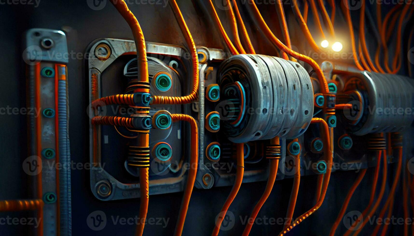 abstract technology electrical panel with cable, glowing neon lights, ai generation photo