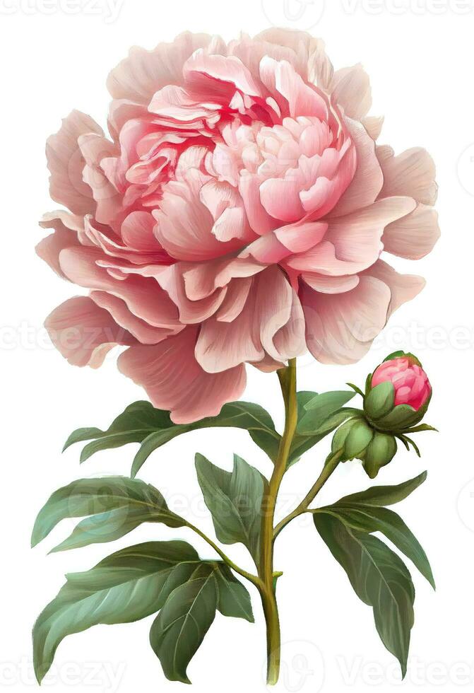 Pink peony flower drawing isolated on white background. Watercolor, hand drawn style, ai generation photo