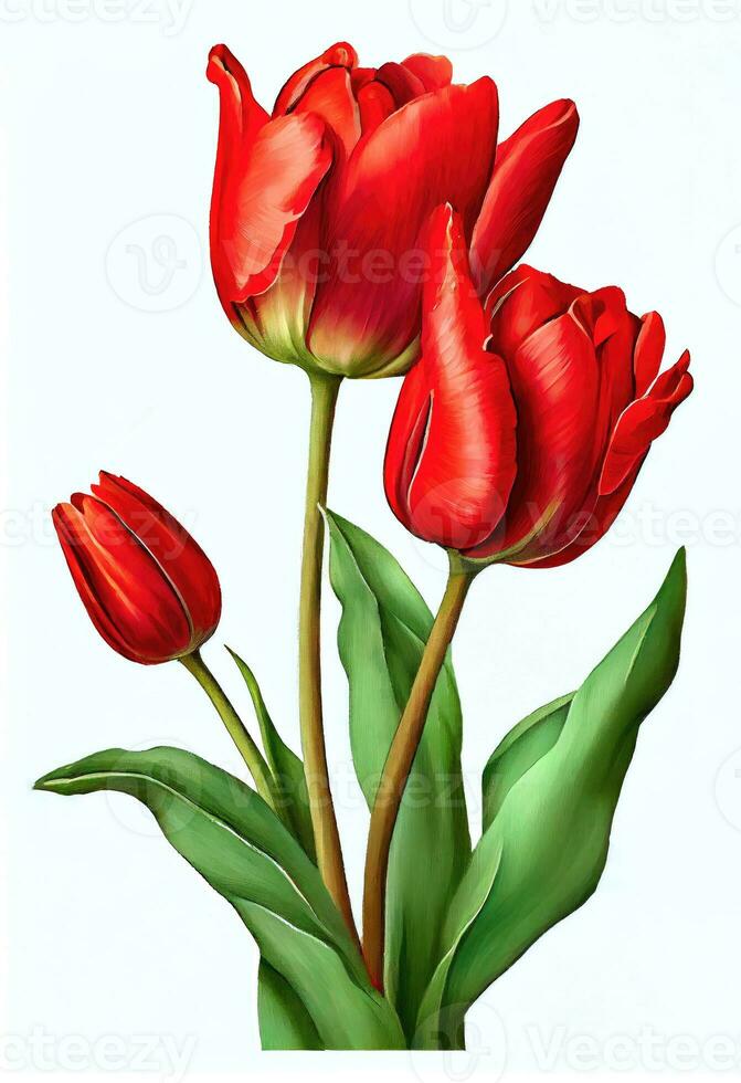 Red tulip flower drawing isolated on white background. Watercolor, hand drawn style, ai generation photo