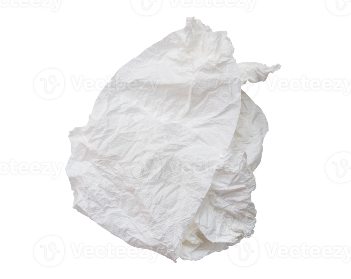 Single screwed or crumpled tissue paper or napkin in strange shape after use in toilet or restroom isolated with clipping path in png file format