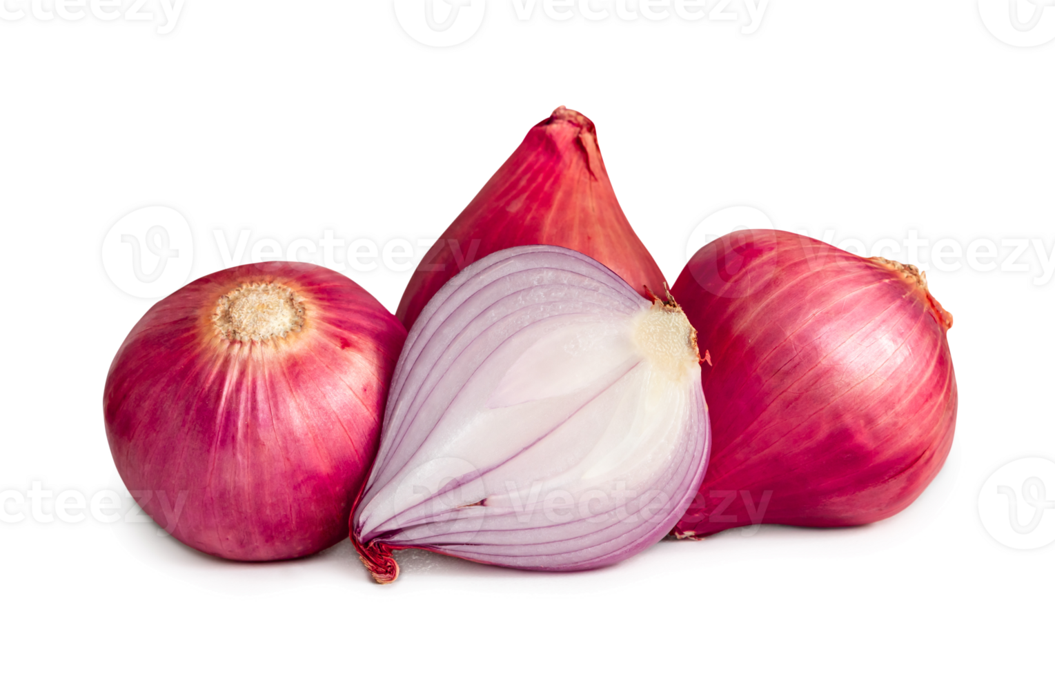 Fresh red onions with half isolated with clipping path and shadow in png file format