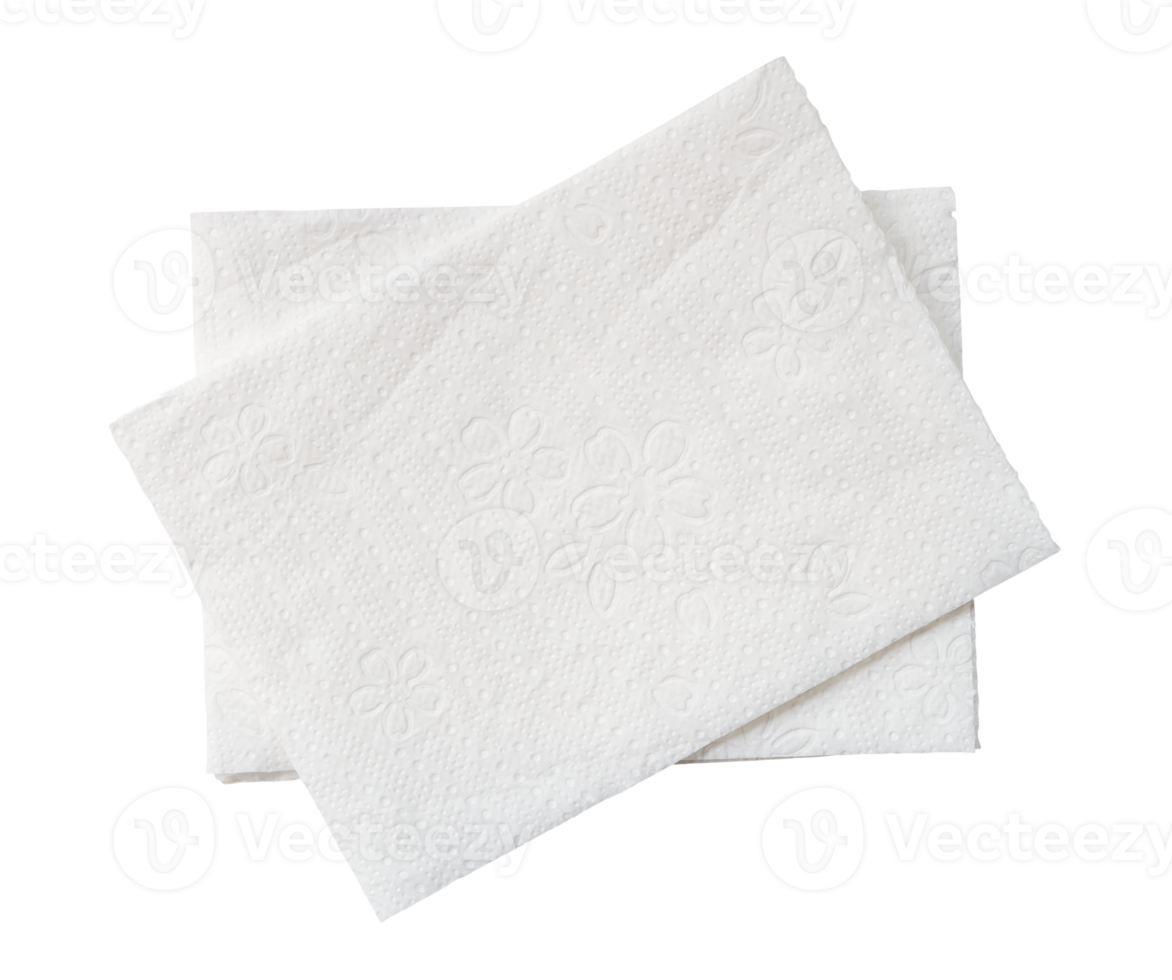 Top view of two folded pieces of white tissue paper or napkin in stack isolated with clipping path png