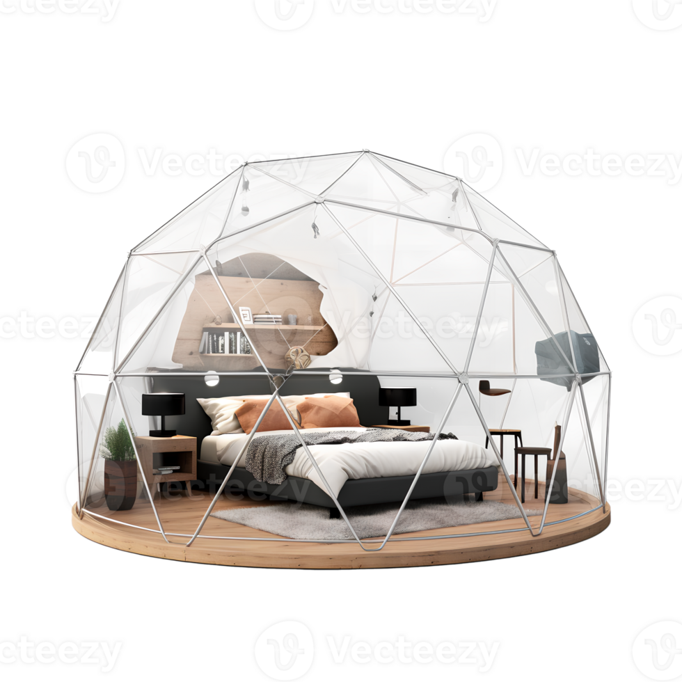 Geodesic dome glamping with bed png