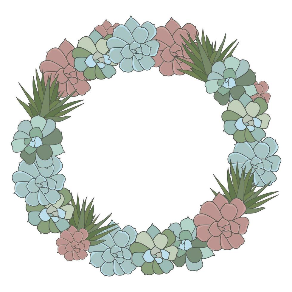 Round frame of succulent cactus, hand drawn plant border isolated on white background. Vector illustration
