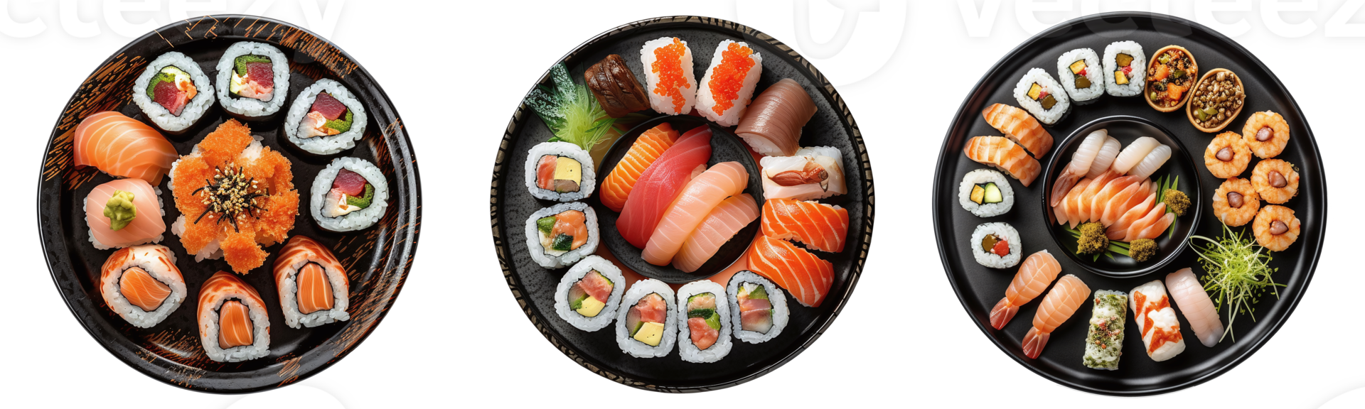 Sushi on black plate, aerial view with transparent background, Technology png