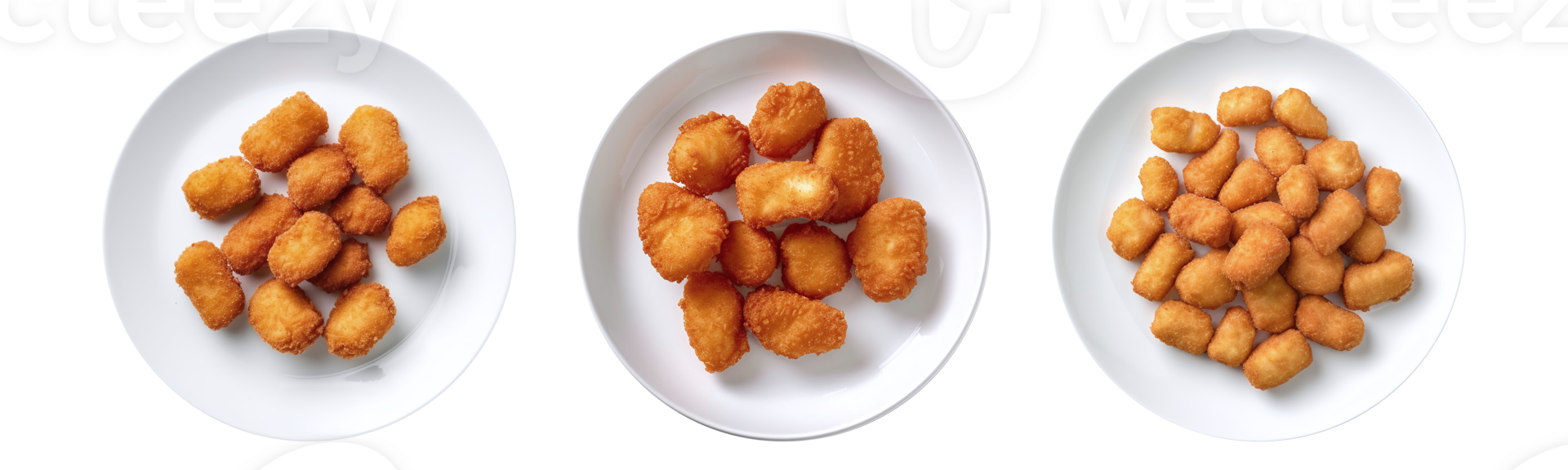 Nuggets on white plate, aerial view with transparent background, Technology png