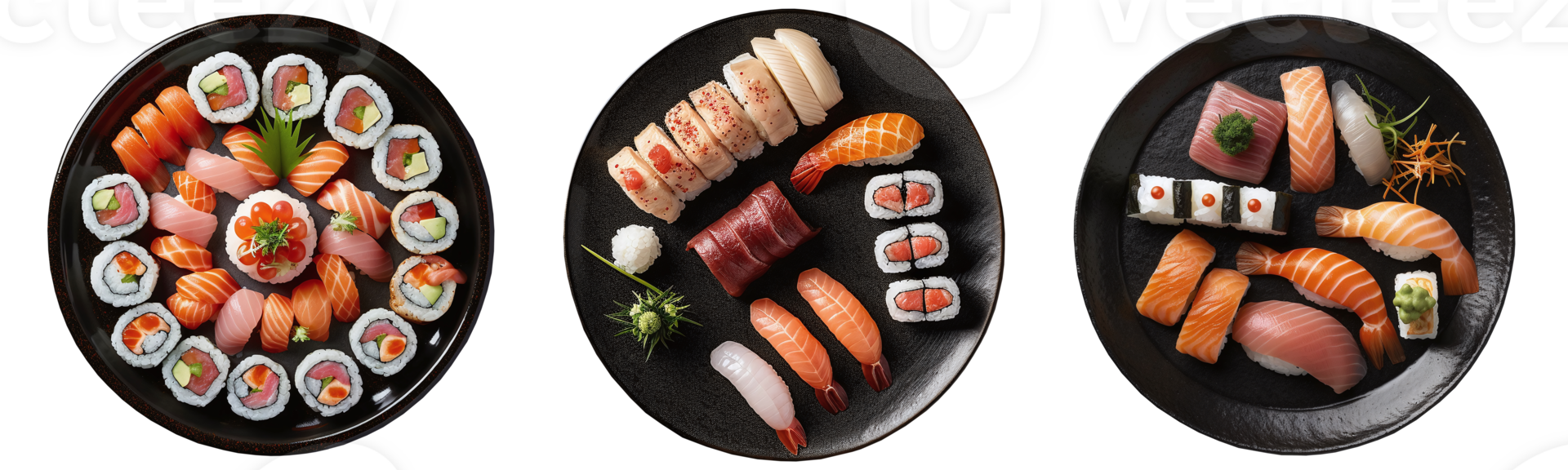 Sushi on black plate, aerial view with transparent background, Technology png