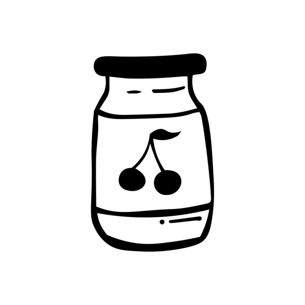 Jar of cherry jam in doodle style. Isolated outline. Hand drawn vector illustration in black ink on white background.
