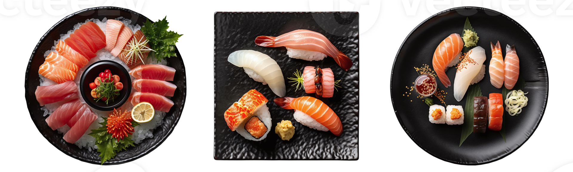 Sushi on black plate, aerial view with transparent background, Technology png