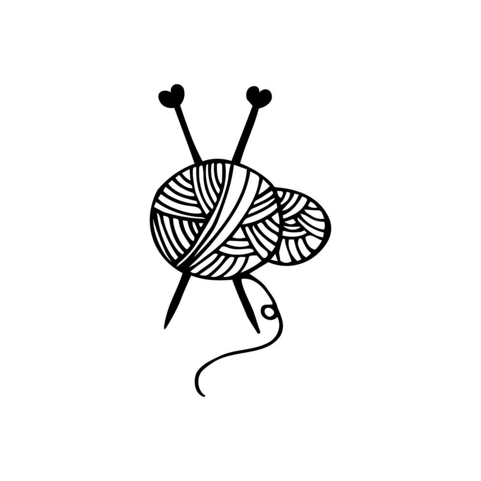 Vector clipart of a ball of thread with knitting needles. Doodle style.