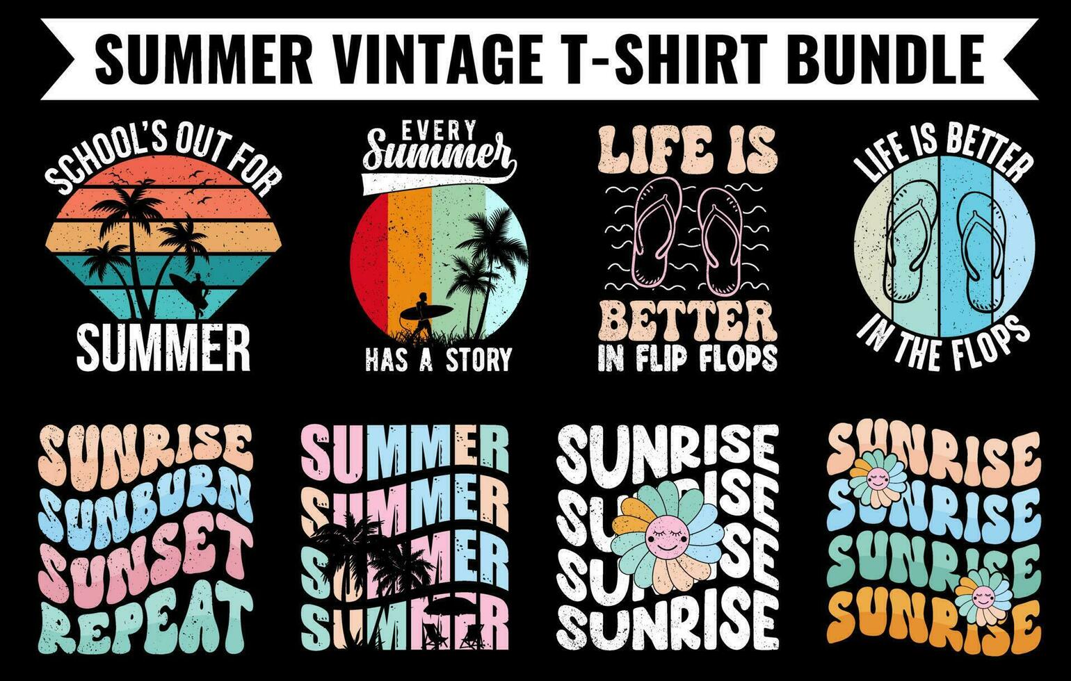 Summer vintage T-shirt design bundle, Beach t-shirt vector set, surfing t-shirt bundle