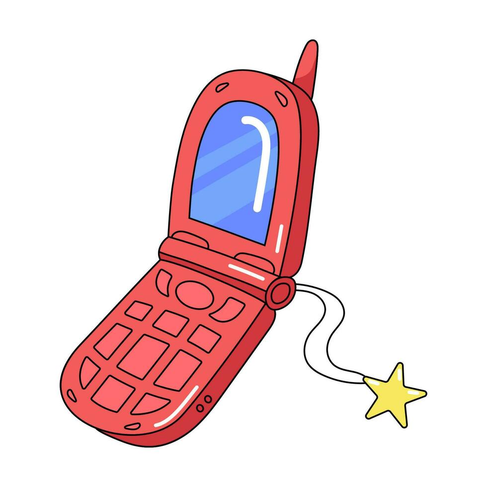 Red old-fashioned mobile phone, decorative art for trendy Y2K aesthetic, retro technology, vector design element.