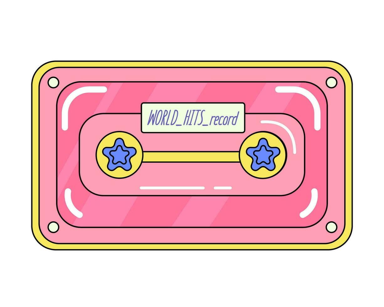 Pink old-fashioned audio cassette, decorative art for trendy Y2K aesthetic, retro drawing of retro audio equipment, vector design element, sticker.