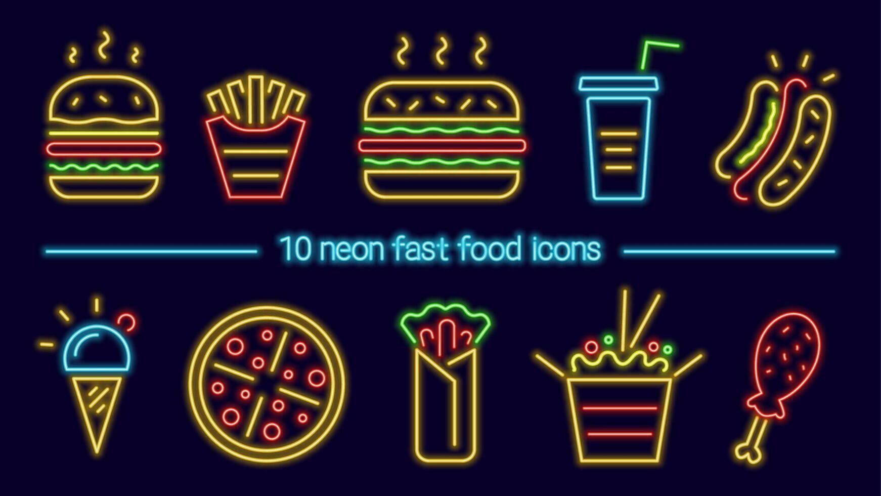 Group of neon fast food icons, colorful glowing signs of hamburgers, pizza and other fast food snacks. vector