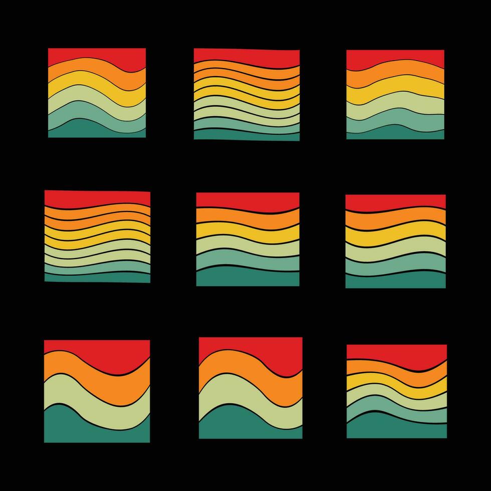 conjunto de Clásico retro puesta de sol ilustraciones vector fondo, 70s Años 80 antiguo color, diferente forma retro puesta de sol estilo colección diseño elemento para camiseta, huellas dactilares, retro Clásico a rayas vector