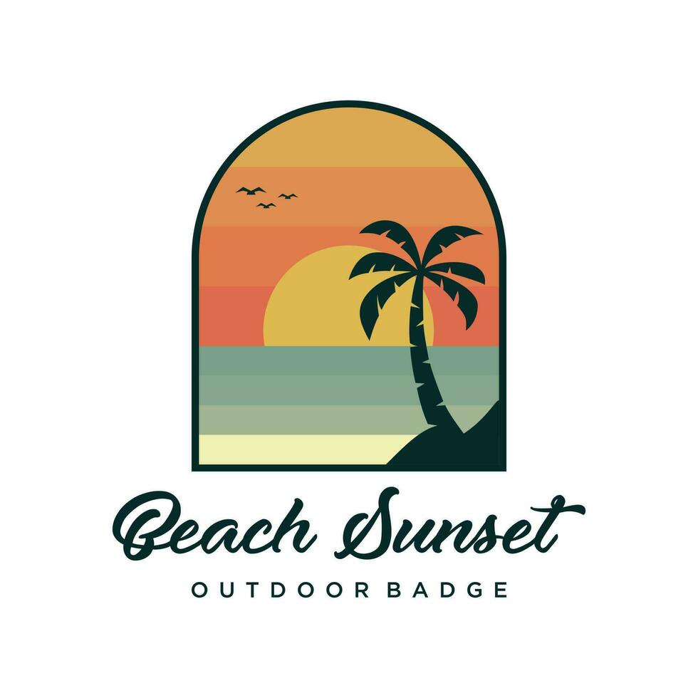 Sunset at beach badge logo design vector. Paradise island vector illustration