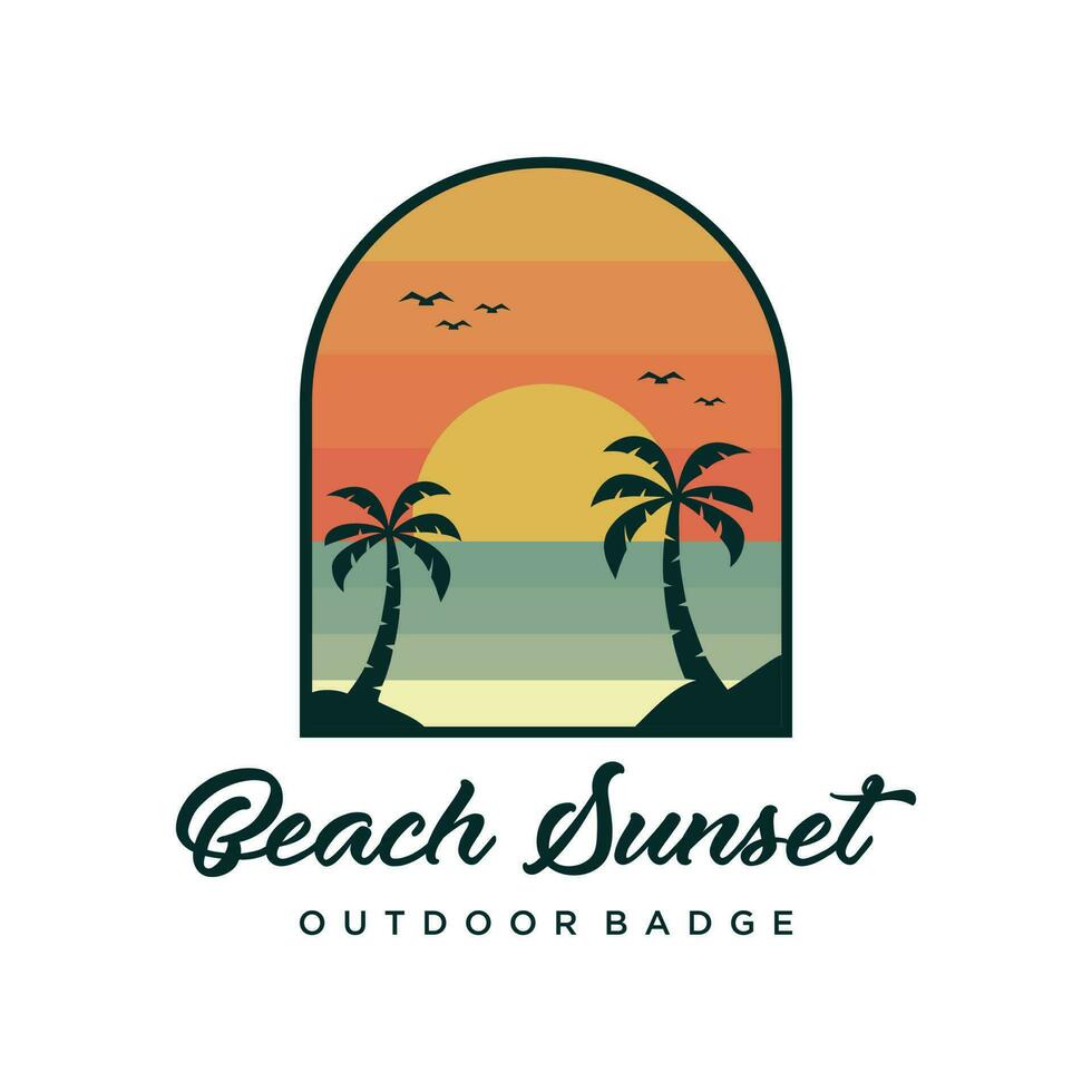 Creative beach sunset outdoor badge logo design vector. Retro style ocean illustration vector