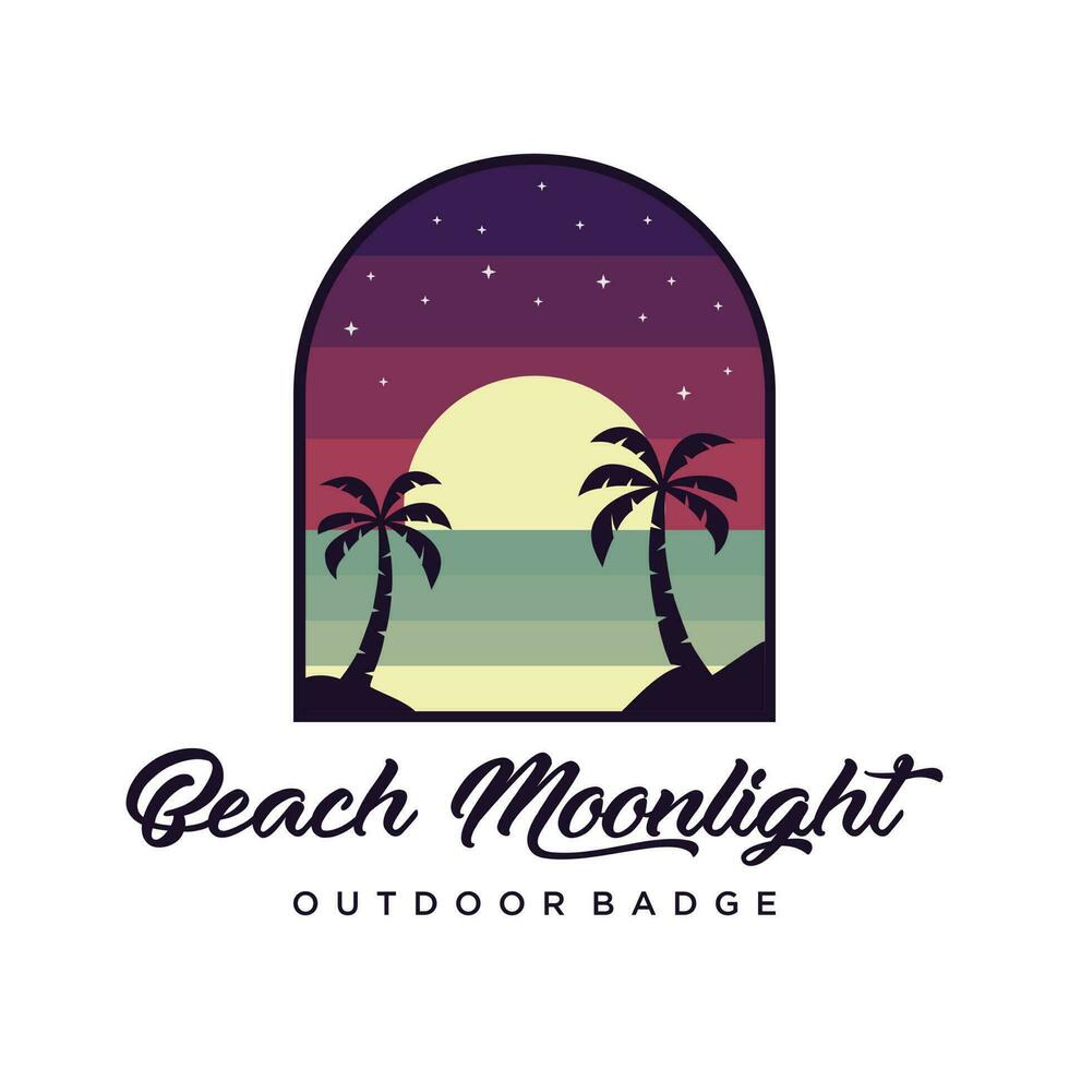 Elegant beach moonlight badge logo design vector illustration