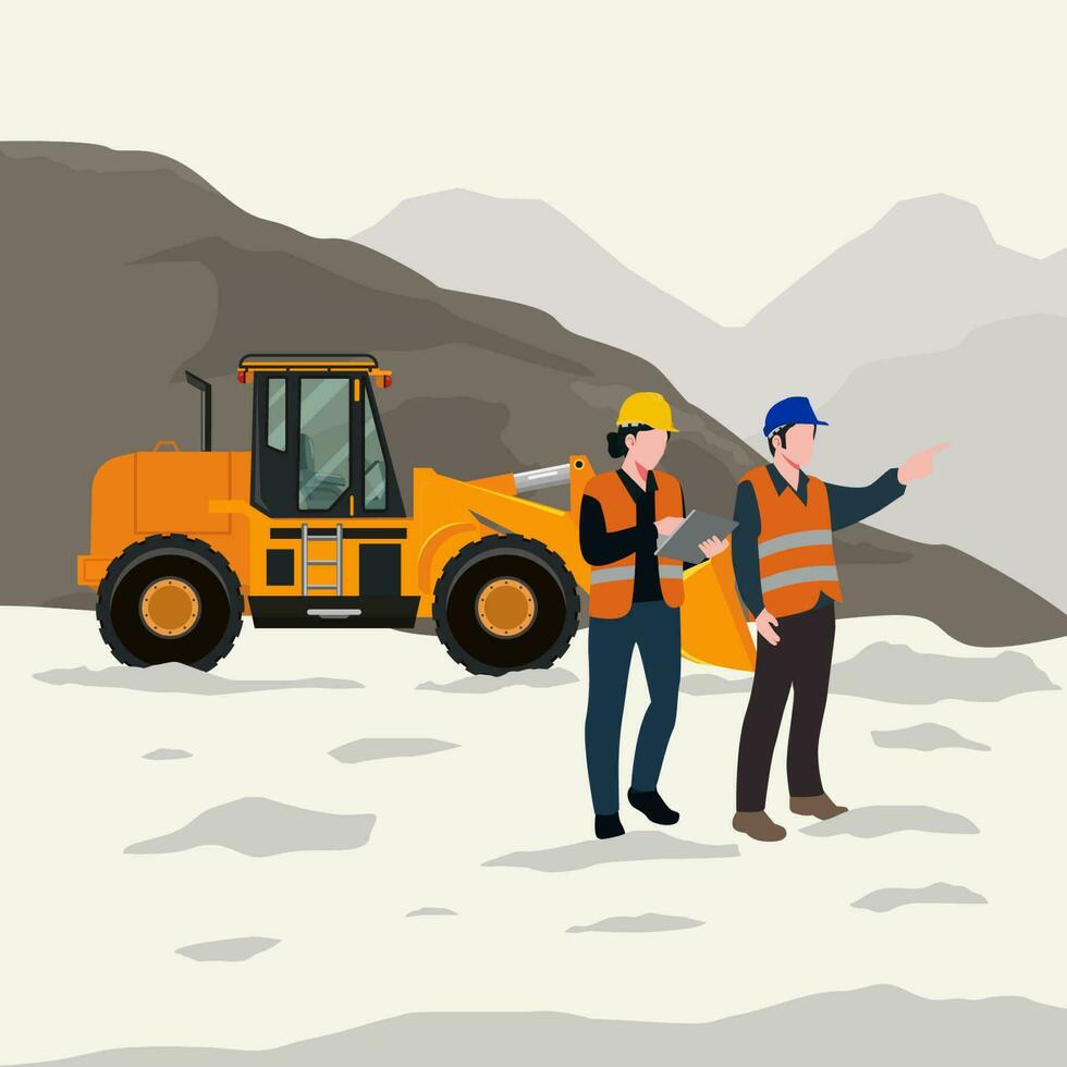 Female engineers and the worker are controlling the mineral mining site vector illustration
