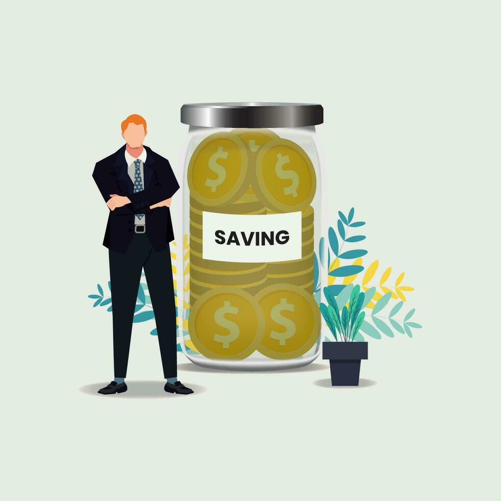 Businessman with coins on transparent glass jar. Saving, efficiency financial concept vector illustration