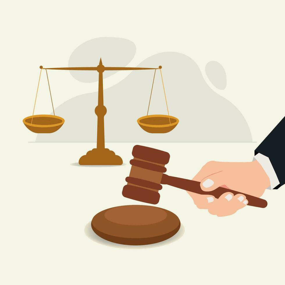 justicia escala con mano sostener jueces mazo diseño vector ilustración