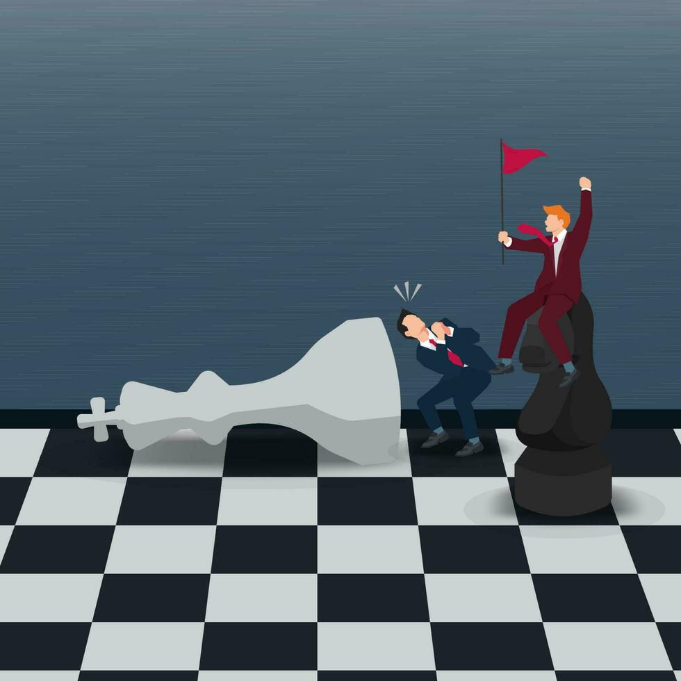 White chess king laying down and the businessman sitting on chess  knight as a winner vector illustration