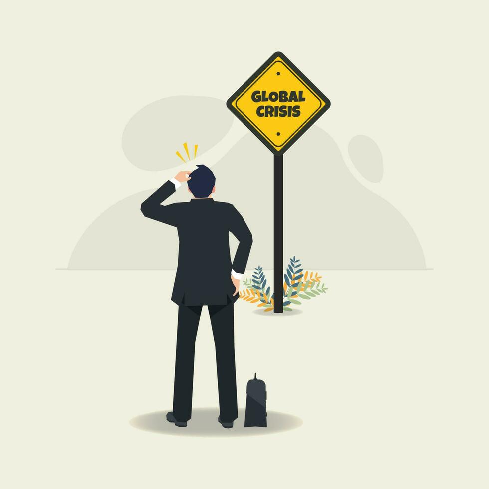 Businessman with global crisis warning sign vector illustration